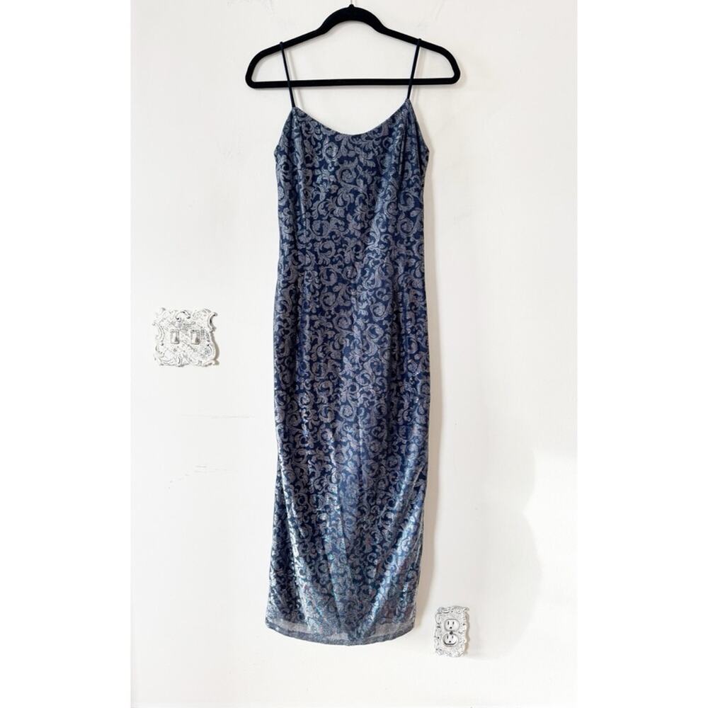 Vintage 90s Gunnie Sax Metallic Silver Navy Floral Jacquard Slip Dress M 9/10